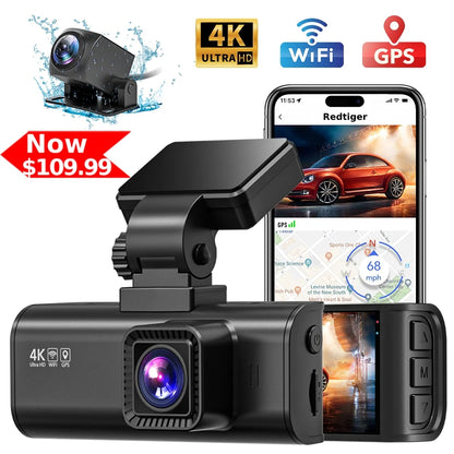 Dash Cam Front and Rear, 4K Dashcam with Wifi & GPS, 4K/2.5K Front+1080P Rear Car Camera with View Night Vision, 3.18'' LCD Screen Display, Loop Recording,Black