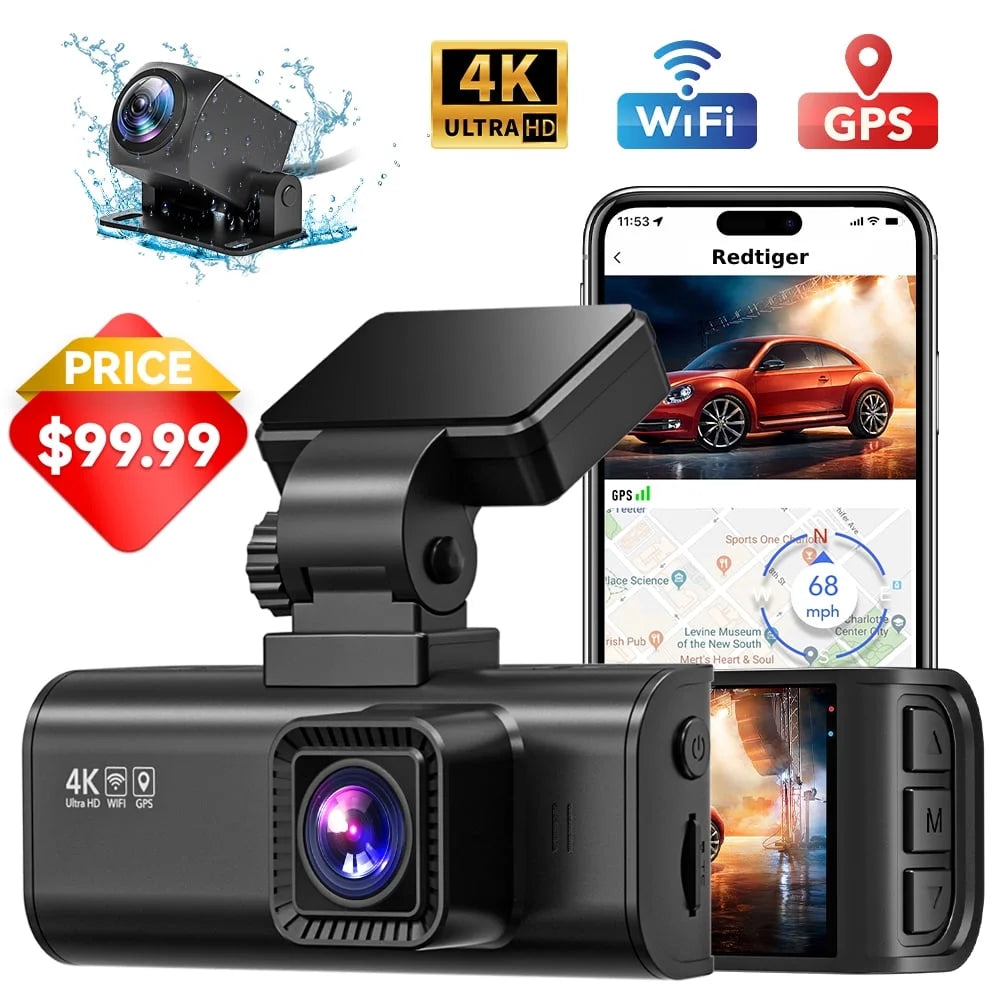 Dash Cam Front and Rear, 4K Dashcam with Wifi & GPS, 4K/2.5K Front+1080P Rear Car Camera with View Night Vision, 3.18'' LCD Screen Display, Loop Recording,Black