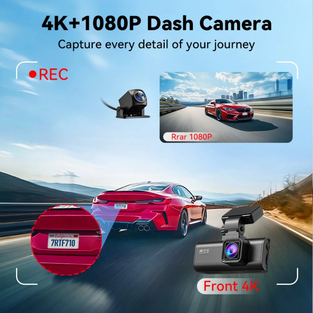 Dash Cam Front and Rear, 4K Dashcam with Wifi & GPS, 4K/2.5K Front+1080P Rear Car Camera with View Night Vision, 3.18'' LCD Screen Display, Loop Recording,Black