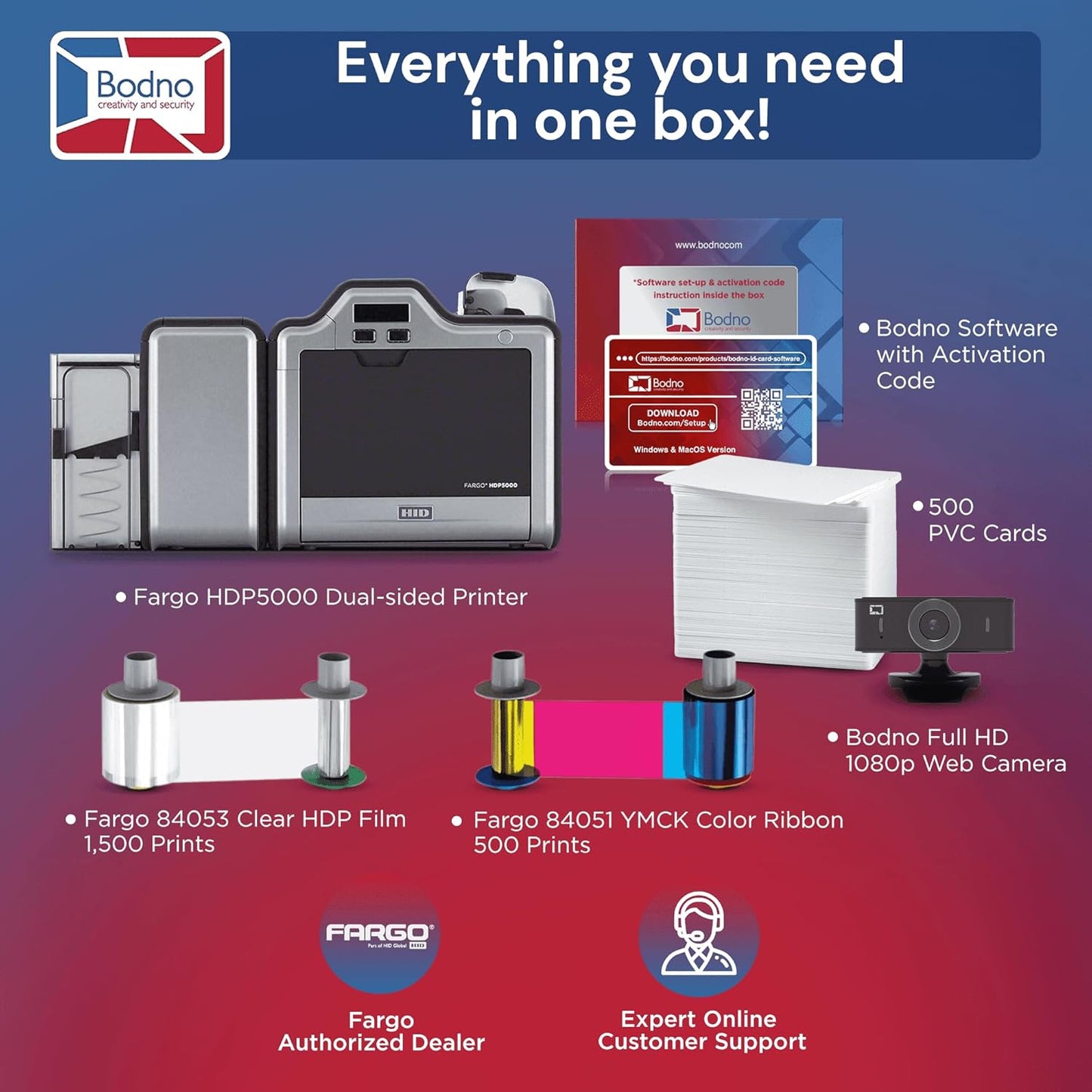 Fargo HDP5000 Dual Sided ID Card Printer & Complete Supplies Package with Bronze Edition  Software